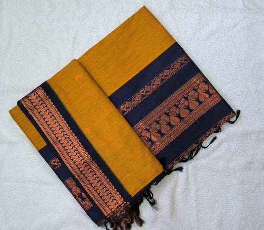 KALYANI SAREES-Mustard With Navy Blue Border