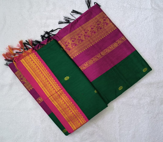 KALYANI SAREES-Bottle Green with pink Border