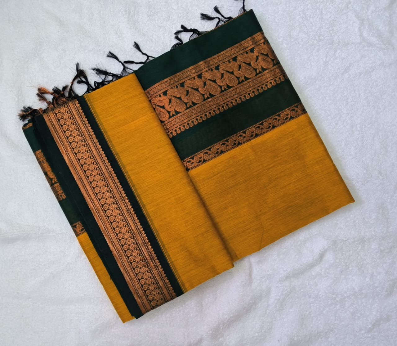 Kalyani Cotton Saree - Mustard with Green border