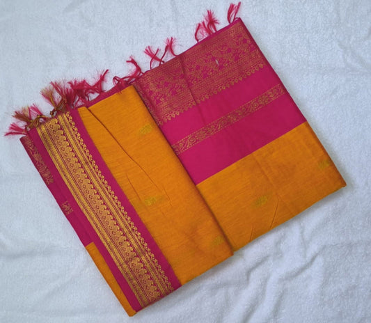 Kalyani Saree - yellow with Pink Border